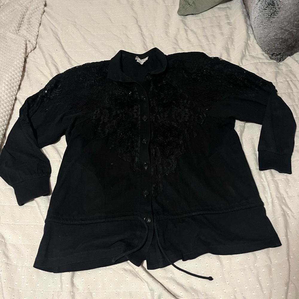 Vintage Oversized Cardigan with Lace Detail, Shoulder pads, and waist tie